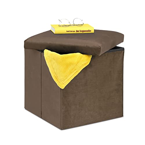 Relaxdays Sitzhocker, Sitzwürfel mit Stauraum, HBT: 38 x 38 x 38 cm, faltbar, Aufbewahrungshocker aus MDF & Samt, braun von Relaxdays