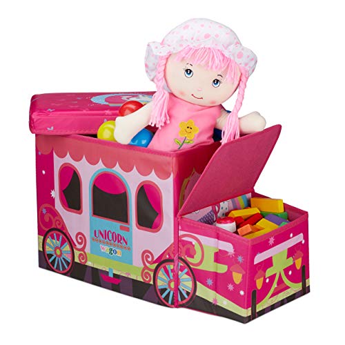 Relaxdays Sitzbox Kinder, Staubox mit Deckel, Spielzeug, faltbar, Einhorn, Stauraum, Jungen & Mädchen, 50 Liter, pink von Relaxdays