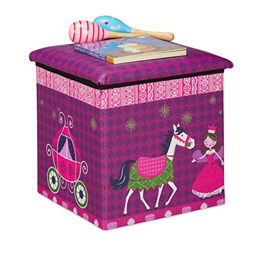 Relaxdays Sitzhocker Kinder, Prinzessin-Design, Sitzbox faltbar, mit Stauraum, Sitzwürfel, HxBxT 31 x 31 x 31 cm, lila von Relaxdays