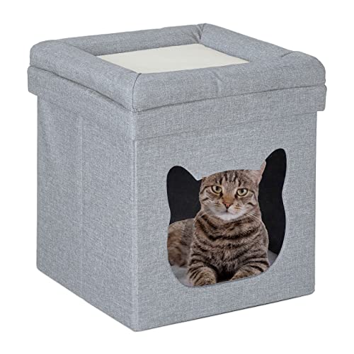 Relaxdays Sitzhocker mit Katzenhöhle, faltbar, HxBxT: 44x40x40 cm, Kissen, Deckel, kuscheliges Katzenbett, hellgrau-weiß von Relaxdays