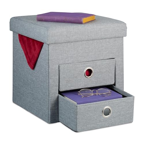 Relaxdays Sitzhocker mit Stauraum, 2 Schubladen, Griffe, modern, faltbar, gepolstert, Hocker HBT: 39 x 37 x 37 cm, grau von Relaxdays