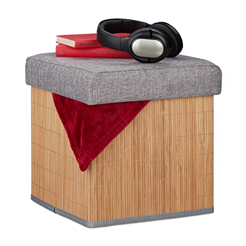 Relaxdays Sitzhocker mit Stauraum, gepolstert, faltbar, Bambus, Stoff, HxBxT: 36 x 35 x 35 cm, Sofahocker, natur/grau von Relaxdays