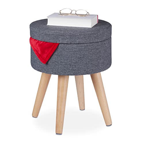 Relaxdays Sitzhocker mit Tischfunktion, gepolsterter Deckel, Stauraum, HxD: 45,5 x 37 cm, Stoff, Holzbeine, grau/Natur von Relaxdays