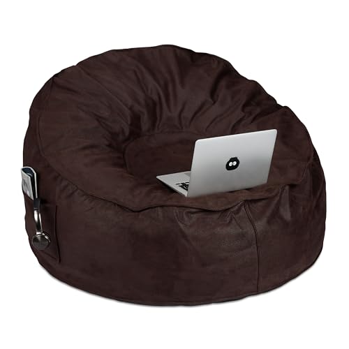 Relaxdays Sitzsack XXL, Wildlederoptik, Schaumstoff, 2 Seitentaschen, Riesensitzsack Erwachsene, Bean Bag, Dunkelbraun von Relaxdays