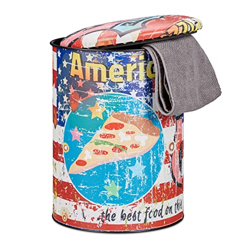 Relaxdays Sitztonne Vintage, Sitzhocker mit Pizza Motiv, Route 66, Hocker mit Deckel, Sitzpolster, HxD: 44 x 32 cm, bunt von Relaxdays