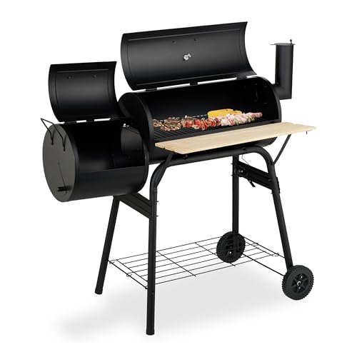 Relaxdays Smoker Grill, Deckel, 2 Ablagen, 2 Räder, Thermometer, Holzkohle, Stahl & Holz, Grillwagen, schwarz/Natur, 1 Stück Relaxdays Smoker Grill, Deckel, 2 Ablagen, 2 Räder, Thermometer, Holzkohle, Stahl & Holz, Grillwagen, schwarz/Natur, 1 Stück von Relaxdays