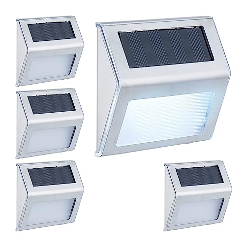 Relaxdays Solarlampen für Wand, 5er Set, Hauseingang & Garten, LED Außenleuchte, IP44, Edelstahl, weißes Licht, Silber von Relaxdays