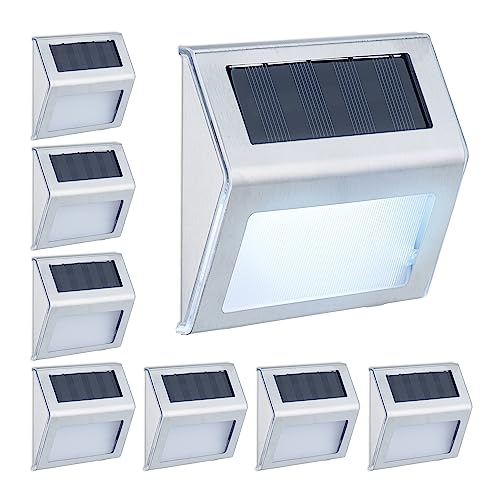 Relaxdays Solarlampen für Wand, 8er Set, Hauseingang & Garten, LED Außenleuchte, IP44, Edelstahl, weißes Licht, silber von Relaxdays