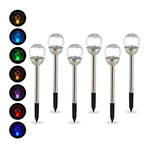 Relaxdays Solarlampen für außen, 6er Set, LED Garten Solarleuchten Kugel, Farbwechsel, wasserdicht, mit Erdspieß, silber von Relaxdays