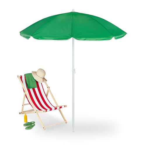 Relaxdays Sonnenschirm, Ø 160 cm, knickbar, höhenverstellbar, UV-Schutz, Strandschirm mit Tasche, Strand & Balkon, grün von Relaxdays