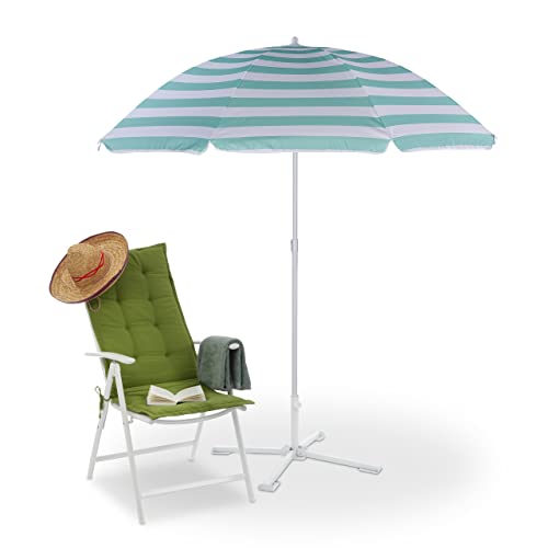 Relaxdays Sonnenschirm, Ø 160 cm, höhenverstellbar, knickbar, Strandschirm mit Tasche, Polyester, Stahl, weiß/türkis von Relaxdays