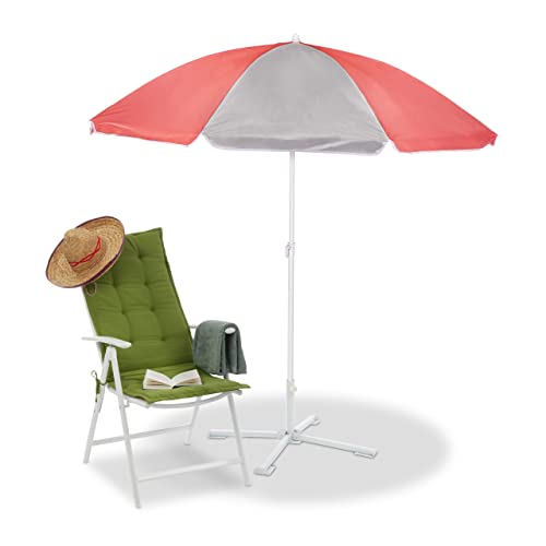 Relaxdays Sonnenschirm, Ø160 cm, höhenverstellbar, knickbar, UV-Schutz, Polyester, Stahl, runder Strandschirm, grau/pink von Relaxdays