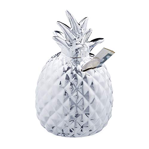 Relaxdays Spardose Ananas, Dekofigur, Sparschwein mit Schloss, 2 Schlüssel, Keramik Sparbüchse, H x D 16 x 9 cm, Silber, 1 Stück von Relaxdays