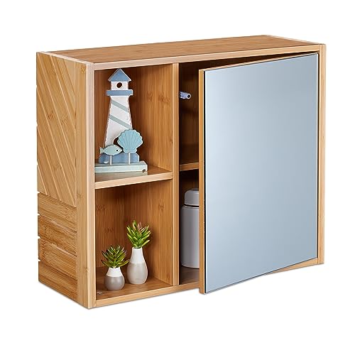 Relaxdays Spiegelschrank, 2 offene Fächer, mit Spiegeltür, H x B x T: 45 x 54,5 x 20 cm, Badezimmer Hängeschrank, Natur, Bambus, Faserplatte, Glas von Relaxdays