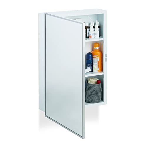 Relaxdays Spiegelschrank Bad, Hängeschrank, eintüriger Wandschrank aus Stahl, mit 3 Ablagen, HBT: 56x40,5x12,5 cm, weiß von Relaxdays