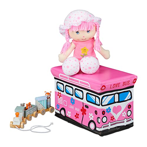 Relaxdays Spielzeugkiste faltbar, Pinker Bus, Aufbewahrungsbox mit Stauraum & Deckel, gepolstert, 27 x 40 x 25 cm, rosa, 1 Stück von Relaxdays