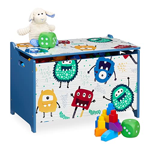 Relaxdays Spielzeugtruhe, Monster-Design, Spielzeugkiste mit Deckel, HBT: 39x60x36,5 cm, MDF, Spielzeugbox, blau/weiß von Relaxdays
