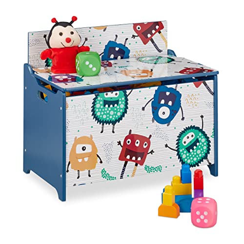 Relaxdays Spielzeugtruhe, Monster-Design, Spielzeugkiste mit Deckel, HBT: 50x60x36,5 cm, MDF, Spielzeugbox, blau/weiß von Relaxdays