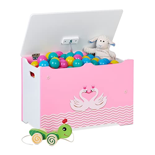 Relaxdays Spielzeugtruhe, Schwanen-Motiv, Spielzeugkiste mit Deckel, HBT: 40 x 60 x 34 cm, MDF, Spielzeugbox, rosa/weiß von Relaxdays