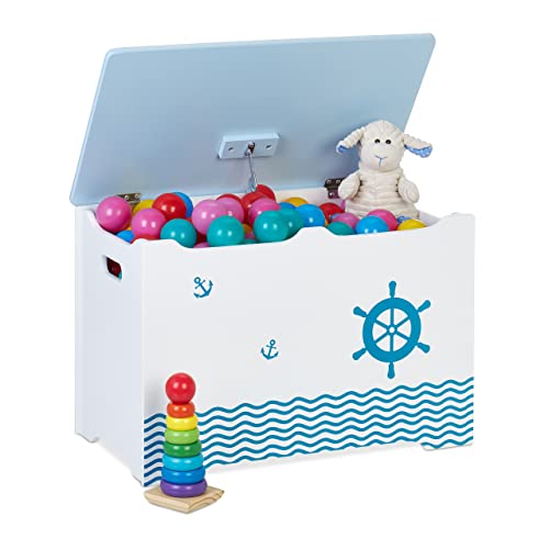 Relaxdays Spielzeugtruhe, Seefahrt-Design, Spielzeugkiste mit Deckel, HBT: 40 x 60 x 34 cm, MDF, Spielzeugbox, weiß/blau von Relaxdays
