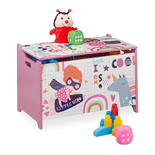 Relaxdays Spielzeugtruhe, mit Heldin-Motiv, Spielzeugkiste mit Deckel, HBT: 39x60x36,5 cm, MDF, Spielzeugbox, rosa/weiß von Relaxdays