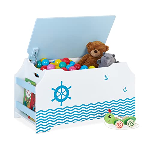 Relaxdays Spielzeugtruhe Seemann, Spielzeugkiste mit Deckel, HBT: 46 x 84 x 42,5 cm, Bücherfach, Spielzeugbox, weiß/blau von Relaxdays