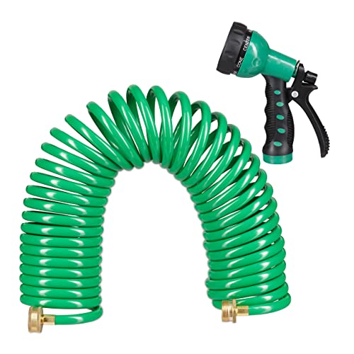 Relaxdays Spiralschlauch Wasser, bis 10 m ausziehbar, flexibler Gartenschlauch mit Wasserbrause, 7 Strahlarten, grün, 25 x 52 x 15 cm von Relaxdays