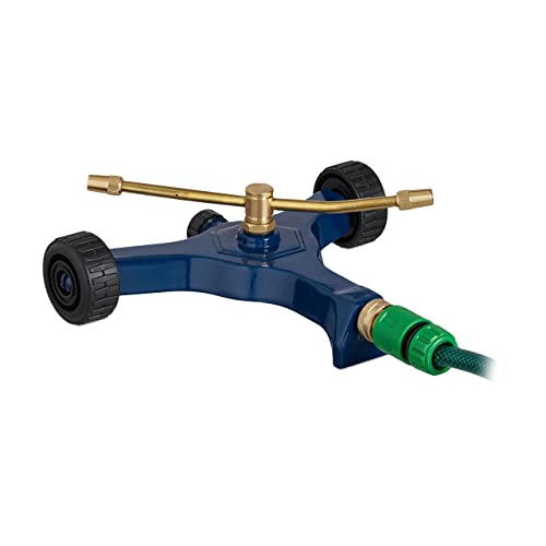 Relaxdays Sprinkler, 2 Arme, mit Rädern, Sprühradius ca. 4-5 m, stufenlos verstellbare Düsen, 3/4'' Anschluss, blau/Gold, 1 Stück von Relaxdays