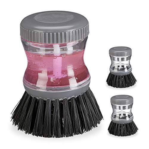 Relaxdays Spülbürste mit Spülmittelspender, 3er Set, 60 ml Tank zum Befüllen, rund, Geschirr reinigen, Spülhilfe, grau, 3 von Relaxdays