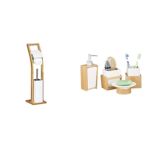 Relaxdays Stand WC Garnitur Holz HBT 75 x 19 x 19 cm Toilettenbürstenhalter aus Bambus, Natur weiß & Badezimmer Set, 4-teiliges Badzubehör aus Keramik und Bambus, Natur-weiß, 10 x 14 x 20 cm von Relaxdays