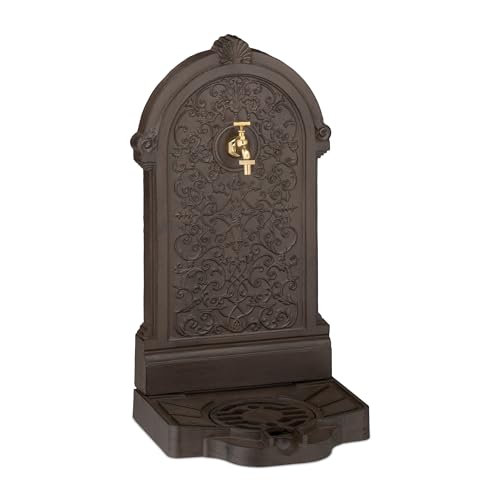 Relaxdays Standbrunnen, Antik-Stil, HBT: 73x39x32 cm, Nostalgie, Garten, Terrasse, Wasserhahn, Becken, stehend, braun von Relaxdays
