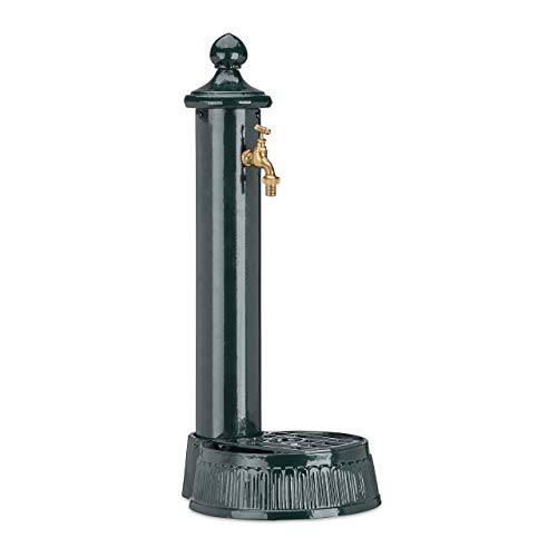 Relaxdays Standbrunnen, Antik-Stil, Nostalgie, Garten, Terrasse, Wasserhahn, Becken, HxBxT: 61 x 25 x 31 cm, dunkelgrün, Grün von Relaxdays