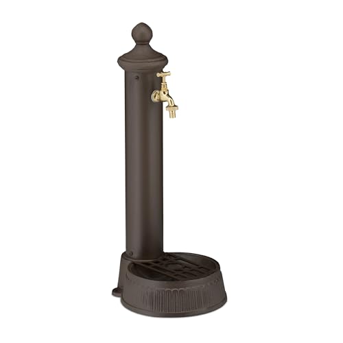 Relaxdays Standbrunnen antik, mit Wasserhahn & Becken, HxBxT: 65 x 25 x 30 cm, Wasserzapfsäule Garten, Terrasse, braun von Relaxdays