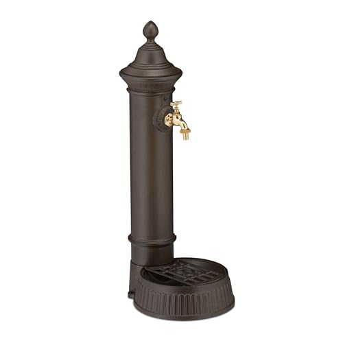 Relaxdays Standbrunnen antik, mit Wasserhahn & Becken, HxBxT: 72 x 26 x 31 cm, Wasserzapfsäule Garten, Terrasse, braun von Relaxdays