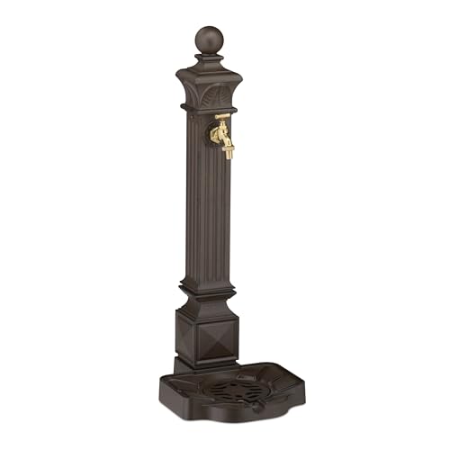 Relaxdays Standbrunnen antik, mit Wasserhahn & Becken, HxBxT: 82 x 29 x 33 cm, Wasserzapfsäule Garten, Terrasse, braun von Relaxdays