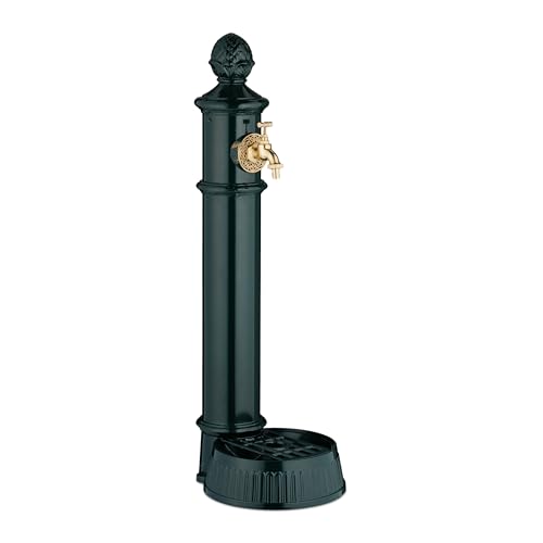 Relaxdays Standbrunnen antik, mit Wasserhahn & Becken, HxBxT: 83 x 26 x 31,5 cm, Wasserzapfsäule Garten, Terrasse, grün von Relaxdays