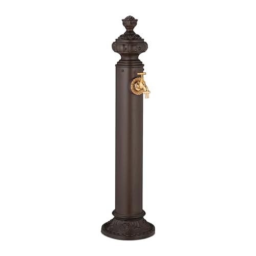Relaxdays Standbrunnen antik mit Wasserhahn, HxBxT: 87 x 20,5 x 24 cm, Wasserzapfsäule Garten, Bodenbefestigung, braun von Relaxdays