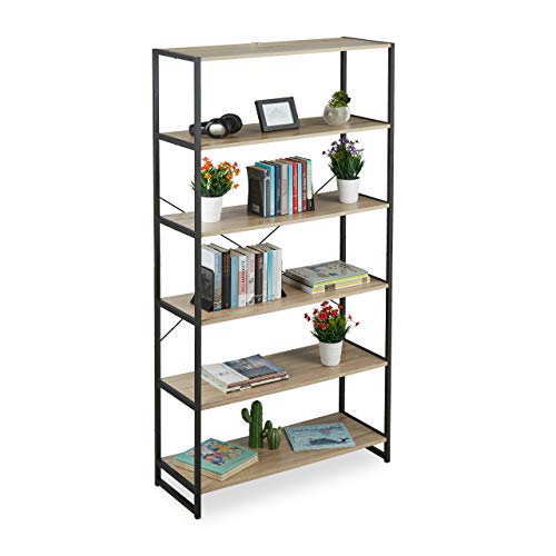 Relaxdays Standregal Industrial, hohes Bücherregal, offenes Design mit 6 Fächern, HBT 180x95x35 cm, aus PB/Metall, braun von Relaxdays