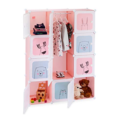 Relaxdays, 9 Regal , Steckregal Kinderzimmer, Mädchen, lustige Motive, Kunststoff, DIY Schrank mit Türen, HBT 145x110x37,5 cm, rosa von Relaxdays