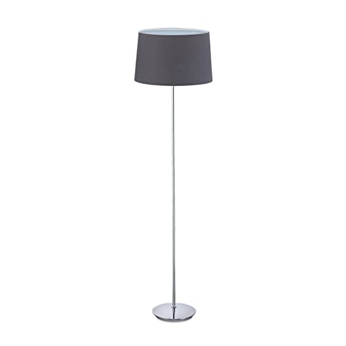 Relaxdays Stehlampe mit Stoffschirm, verchromter Fuß, E27 Fassung, Ø 40 cm, Wohnzimmer, Stehleuchte 148,5 cm hoch, grau von Relaxdays