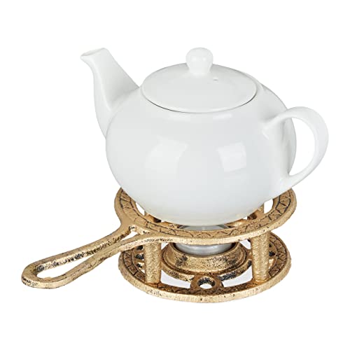 Relaxdays Stövchen, für Tee- & Kaffeekannen, Gusseisen, für 1 Teelicht, antikes Design, rustikaler Teewärmer, Gold von Relaxdays