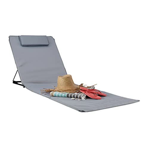 Relaxdays Strandmatte, gepolsterte Sonnenliege mit Kopfkissen, verstellbare inklusive Tragetasche Strandliege Deluxe XXL, Kunststoff,Metall, Grau, 72x49.5x35 cm von Relaxdays