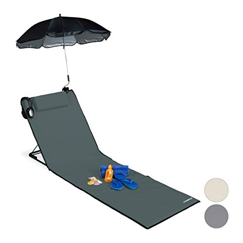 Relaxdays Strandmatte, gepolsterte Strandliege XXL m. Sonnenschirm, 3-stufig verstellbar, Kopfkissen, tragbar, anthrazit von Relaxdays