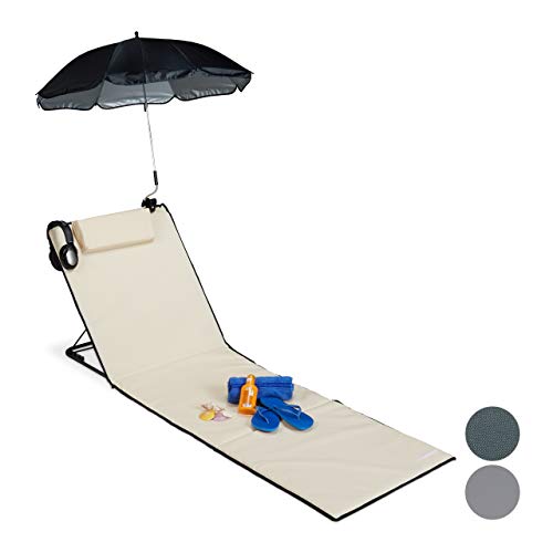 Relaxdays Strandmatte, gepolsterte Strandliege XXL mit Sonnenschirm, 3-stufig verstellbar, Kopfkissen, tragbar, beige von Relaxdays