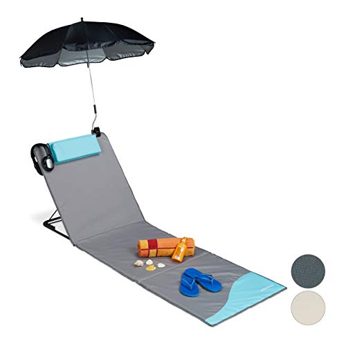 Relaxdays Strandmatte, gepolsterte Strandliege XXL mit Sonnenschirm, 3-stufig verstellbar, Kopfkissen, tragbar, grau von Relaxdays