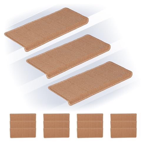Relaxdays Stufenmatten 15er Set, rechteckige Treppenstufenmatten, BT: 65x24 cm, Selbstklebende Treppenteppiche, beige von Relaxdays