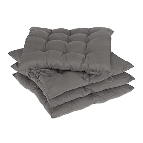 Relaxdays Stuhlkissen 4er Set, 38x38 cm, Sitzkissen mit Bändern, Indoor & Outdoor, Polyesterbezug, Stuhlpolster, grau, 4 Stück (1er Pack) von Relaxdays