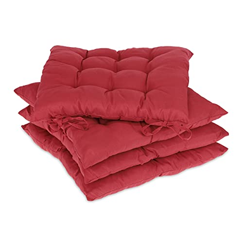 Relaxdays Stuhlkissen 4er Set, 38x38 cm, Sitzkissen mit Bändern, Indoor & Outdoor, Polyesterbezug, Stuhlpolster, rot von Relaxdays