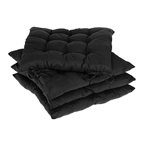 Relaxdays Stuhlkissen 4er Set, 38x38 cm, Sitzkissen mit Bändern, Indoor & Outdoor, Polyesterbezug, Stuhlpolster, schwarz, 4 Stück (1er Pack) von Relaxdays