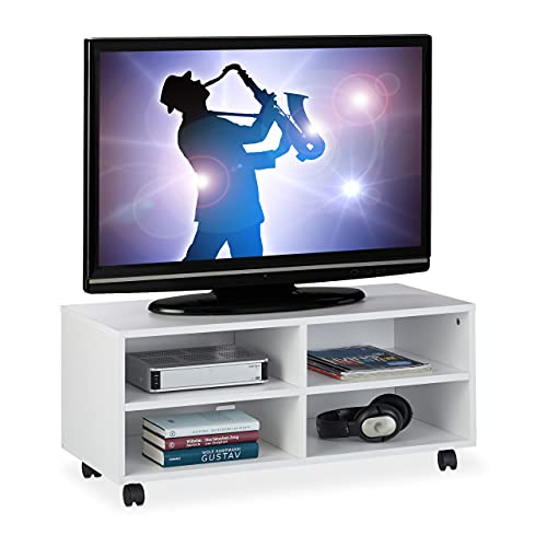 Relaxdays TV Board mit 4 Fächern, mit Rollen, für CDs, DVDs & Konsole, Phonotisch für Wohnzimmer, HBT 35x80x35 cm, weiß von Relaxdays
